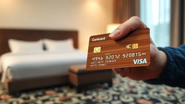 Mesa com laptop aberto em site de programa de pontos de hotel ao lado de cartão de crédito e passaporte