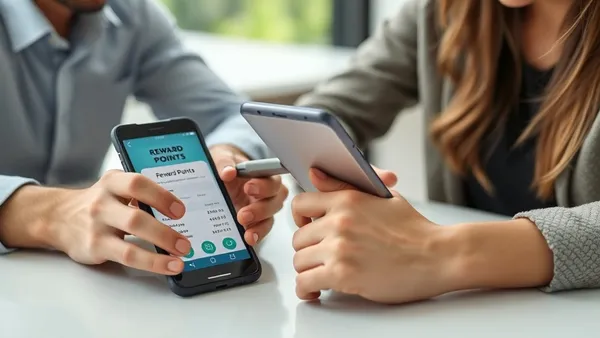 Duas pessoas comparando aplicativos de pontos e milhas em celulares sobre uma mesa, decidindo transferência entre contas diferentes